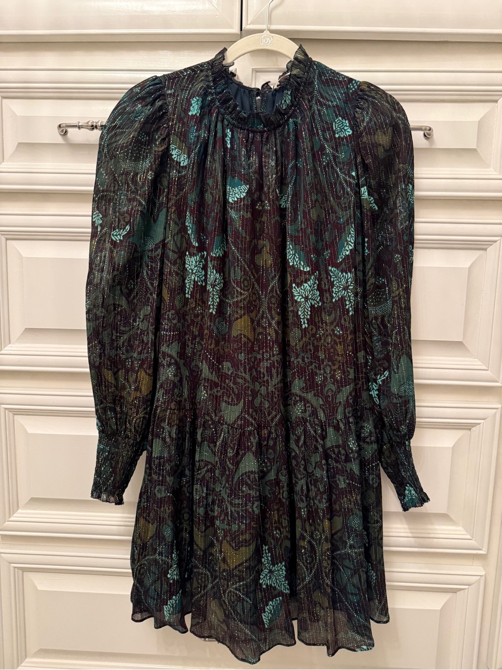 Ulla Johnson Dark Green and Teal Floral Long-Sleeve Mini Dress